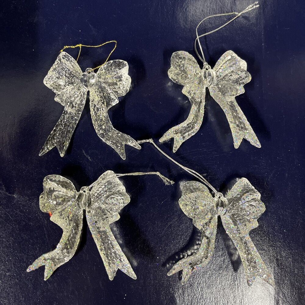 Lot of 4 Vintage Glittered Bow Christmas Ornaments Acrylic 3" High - D8